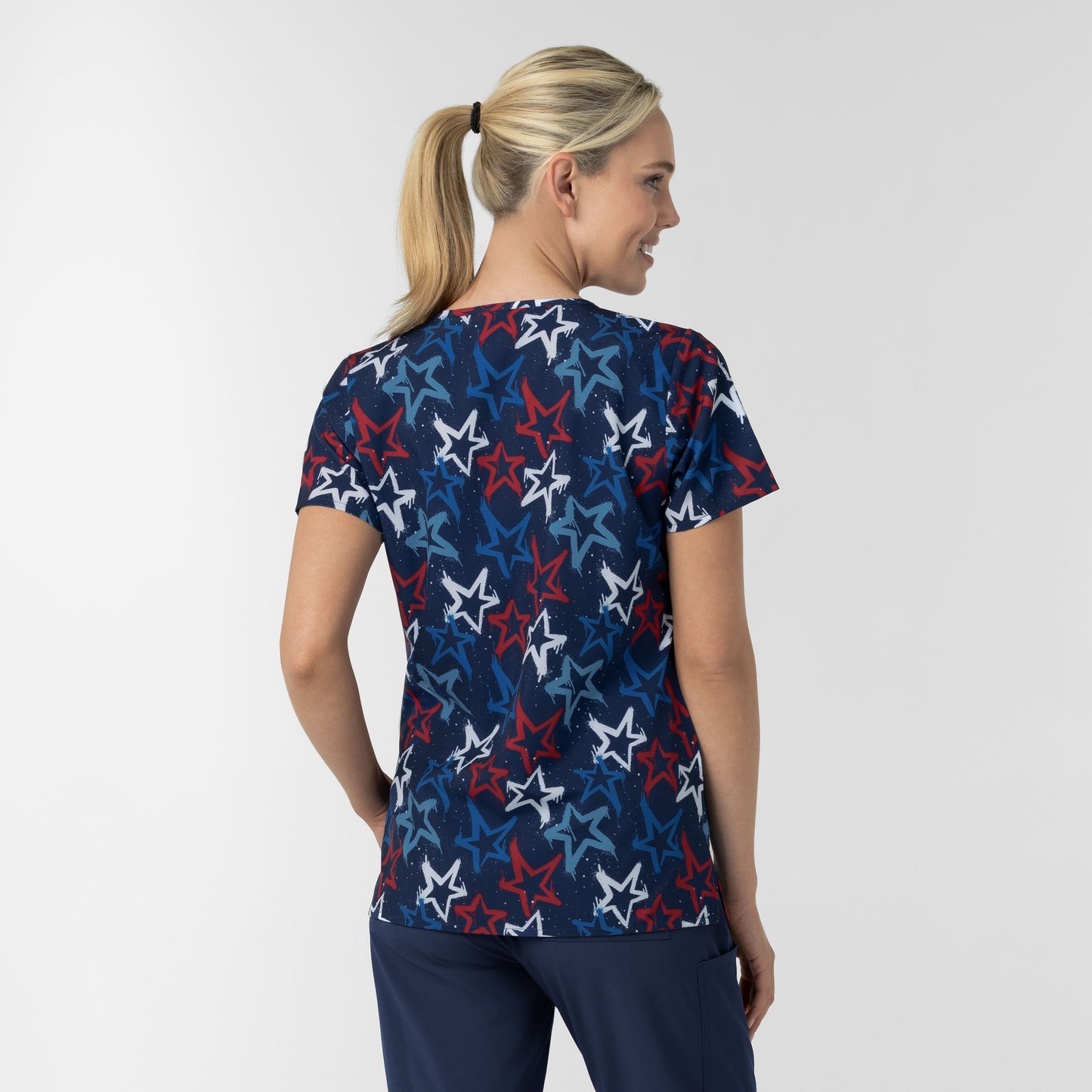 Wink Fashion Prints Women's V-Neck Print Scrub Top Star-Spangled Sky