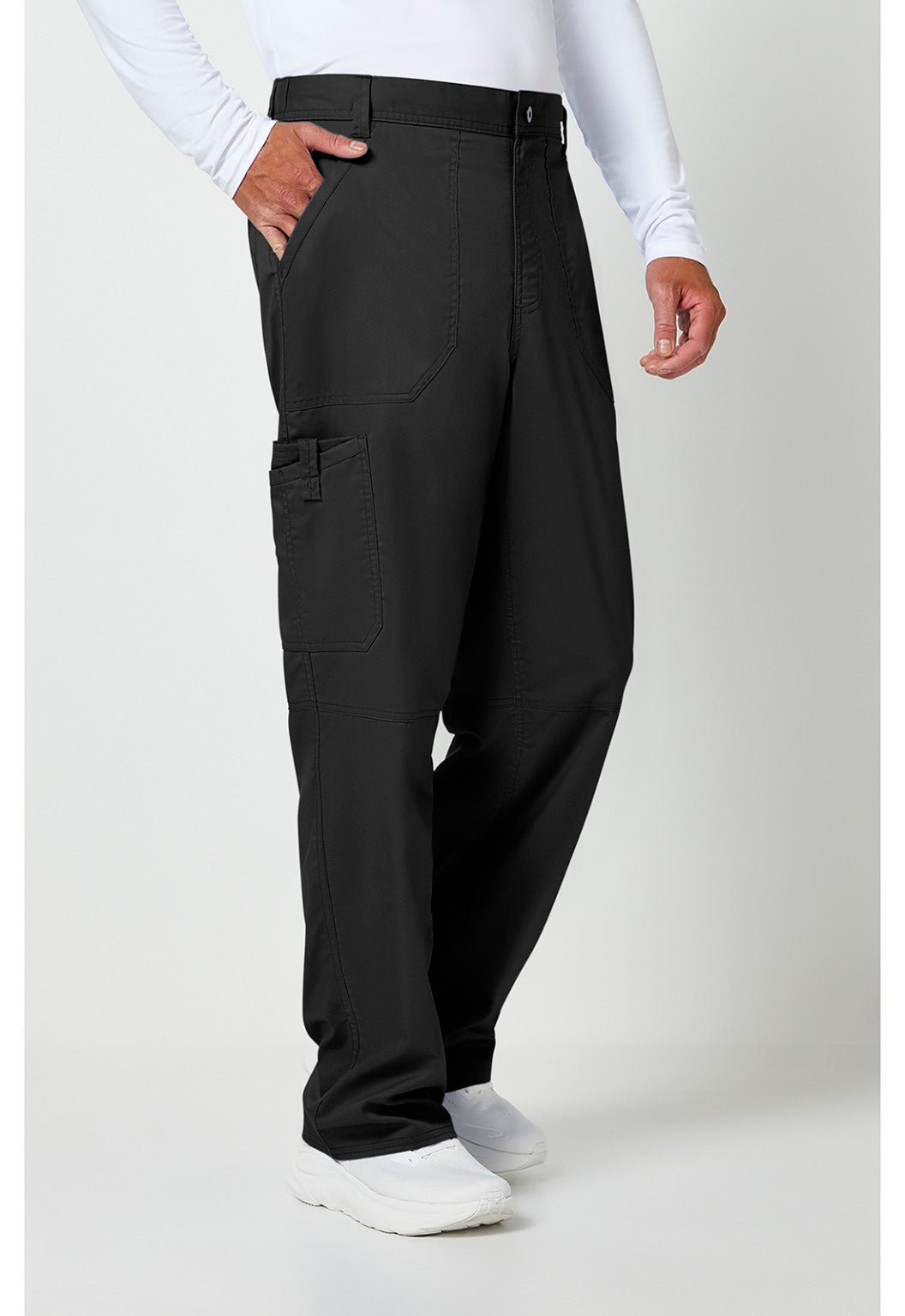 Cherokee WW140 Black scrub pant angled cargo pocket view