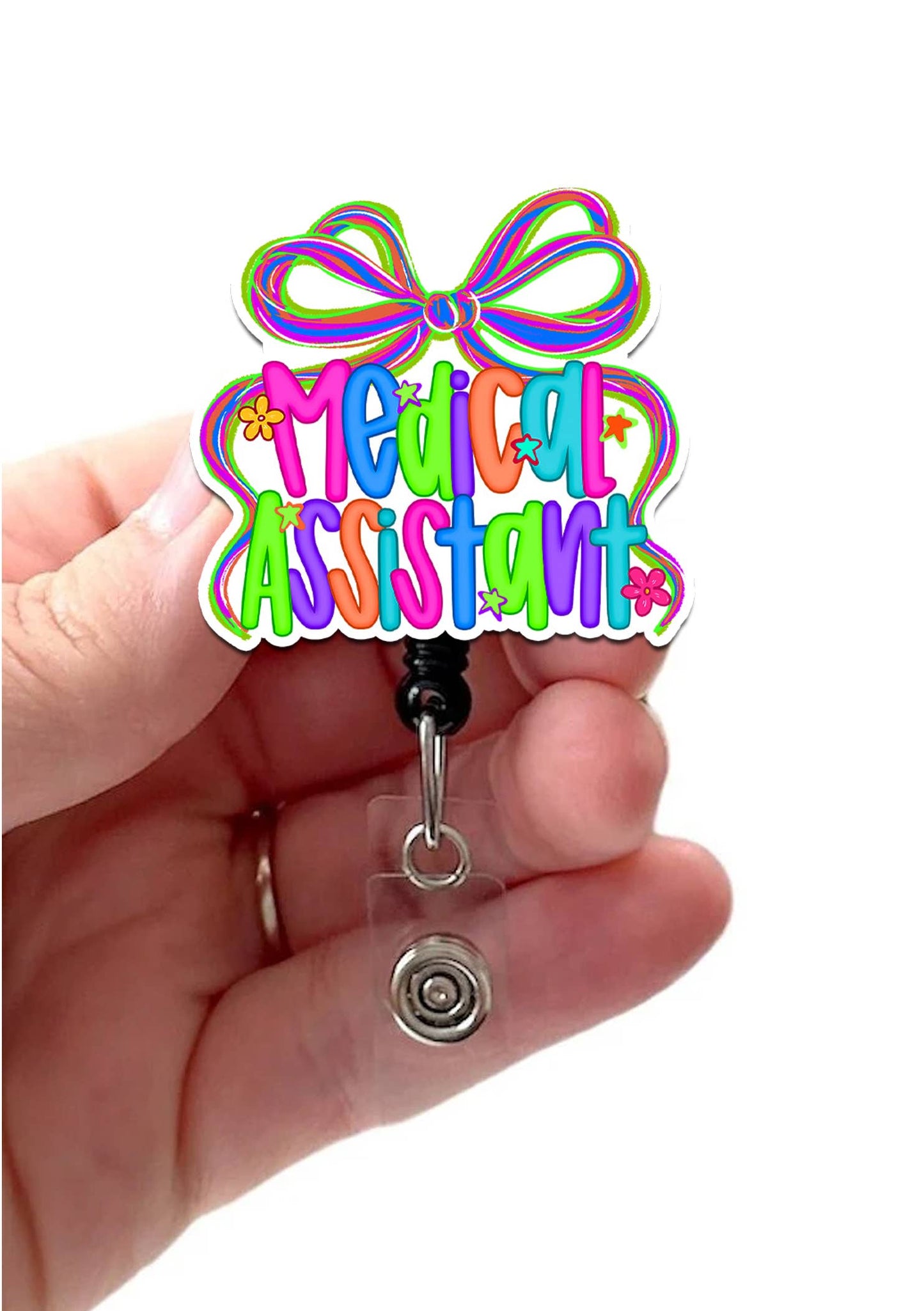 Medical Assistant Neon Bow Acrylic Retractable Badge Reel: Slide/Belt Clip