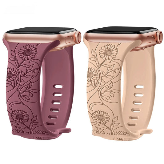 Correa grabada floral para Apple Watch, adecuada para tamaños 42/44/45/49 mm.