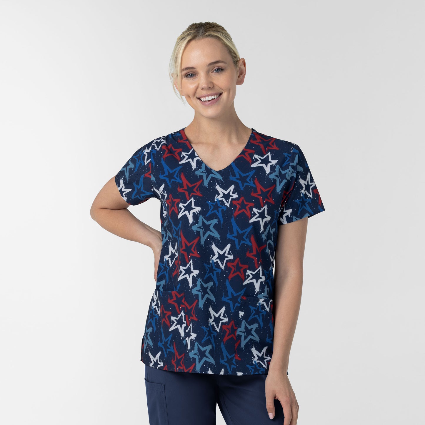 Wink Fashion Prints Women's V-Neck Print Scrub Top Star-Spangled Sky