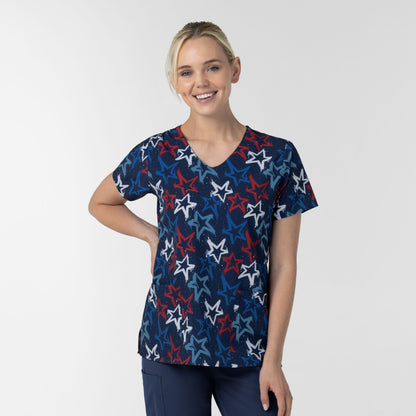 Wink Fashion Prints Women's V-Neck Print Scrub Top Star-Spangled Sky