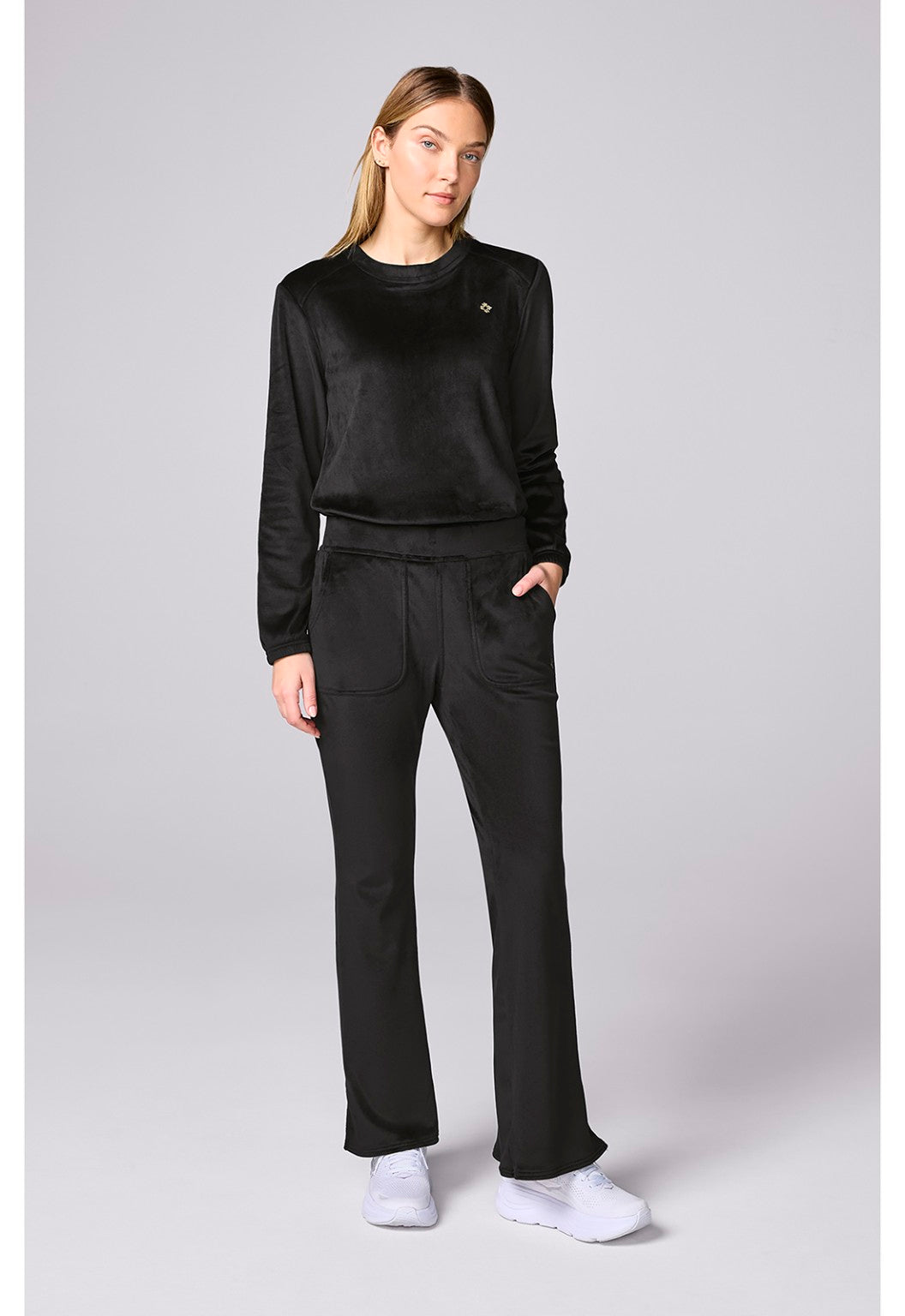 Med Couture Women's Velour Flare Leg Pant Black