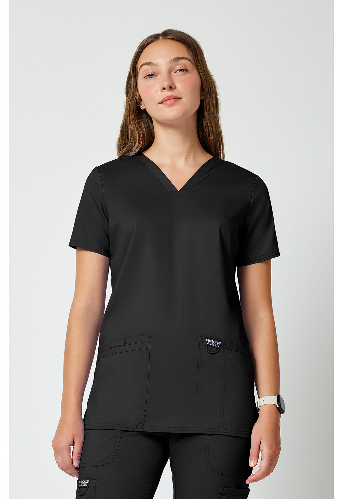 Cherokee WW620 black women's V-neck scrub top front