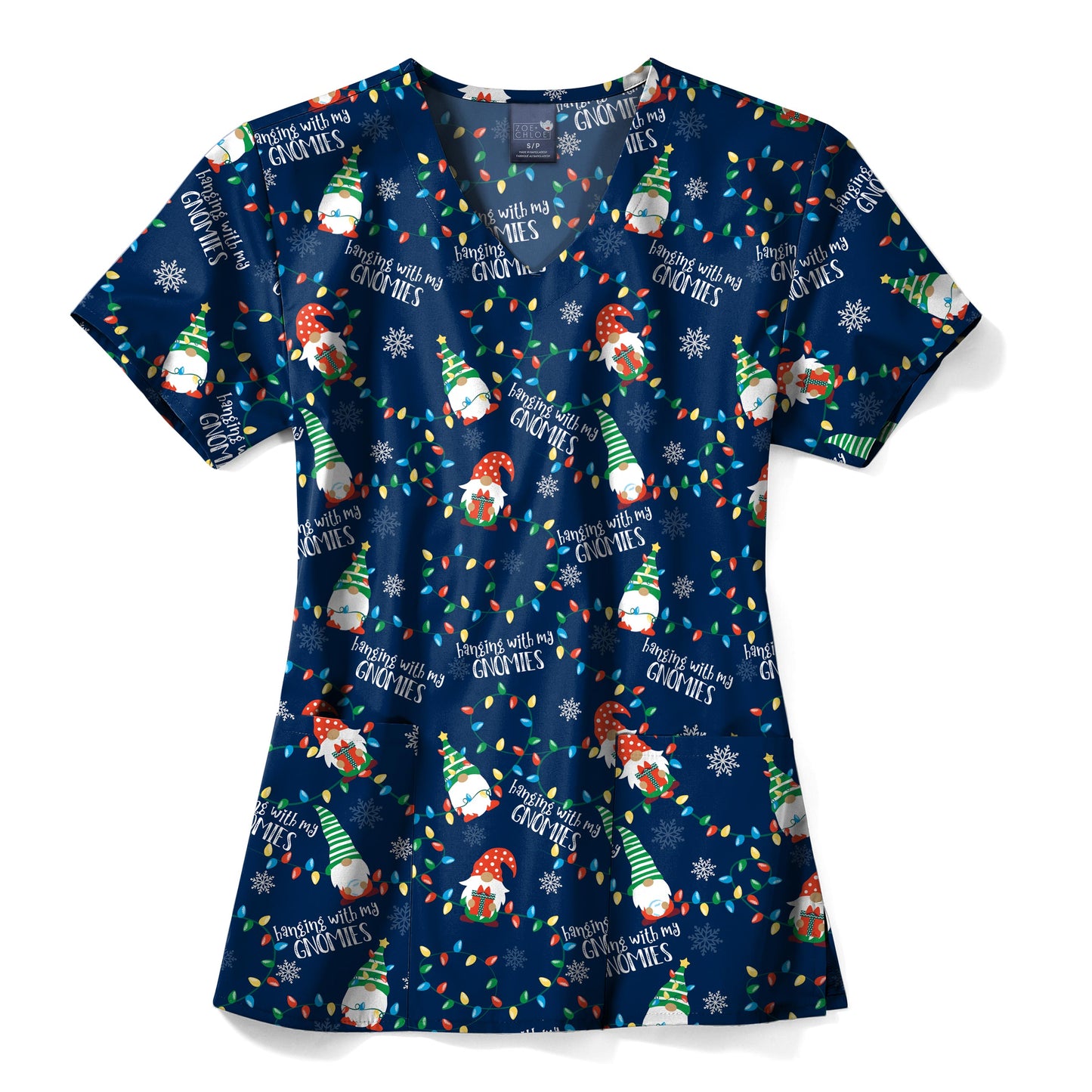 Zoe+Chloe Performance V-Neck Print Scrub Top Gnome Alone