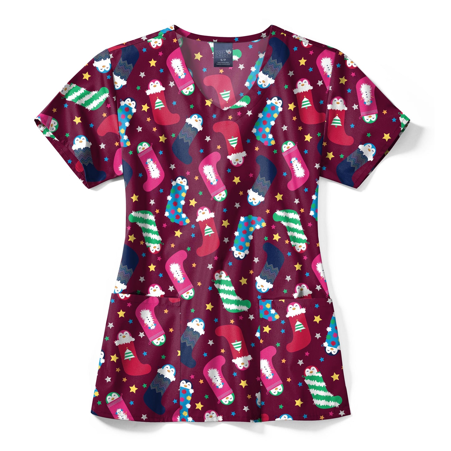 Zoe+Chloe Performance V-Neck Print Scrub Top Penguin Pals