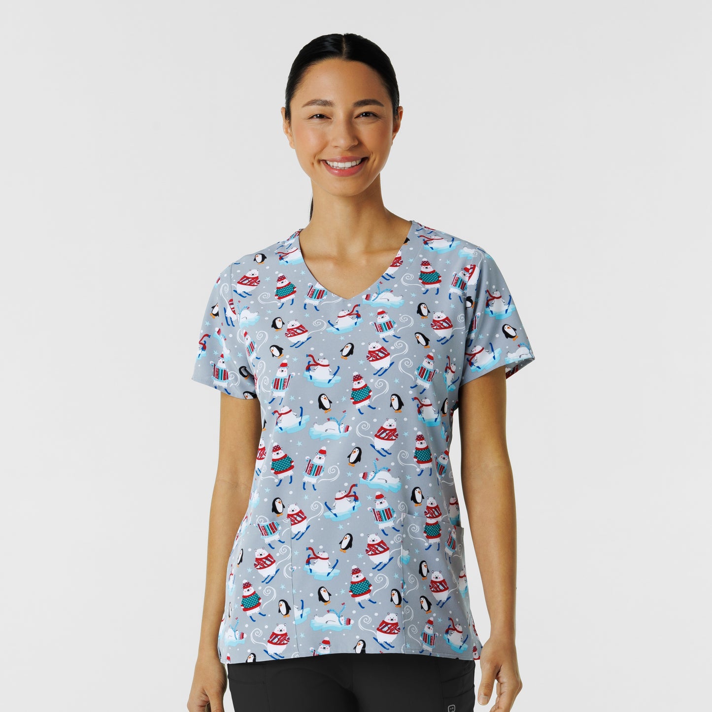 Zoe+Chloe Performance V-Neck Print Scrub Top 'Tis the Ski-son