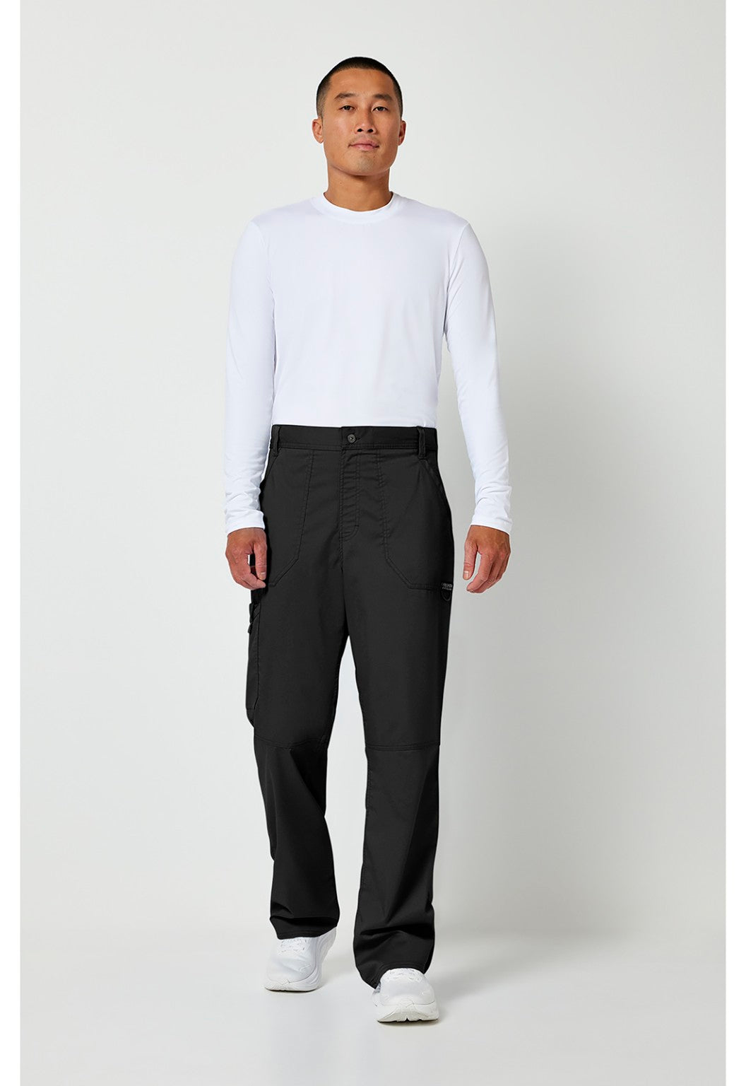 Cherokee Men's WW140 Black Fly Front Scrub Pants full outfit front view