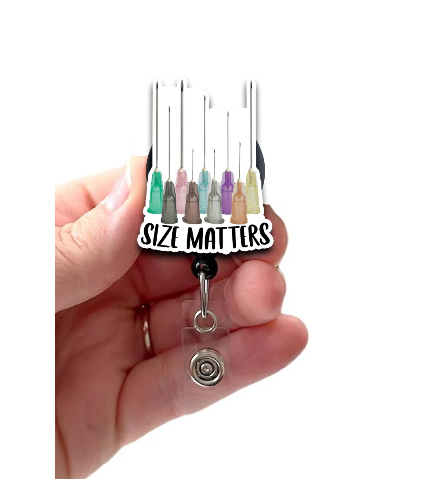 Size Matters Needle Size Acrylic Retractable Badge Reel: Swivel Alligator Clip