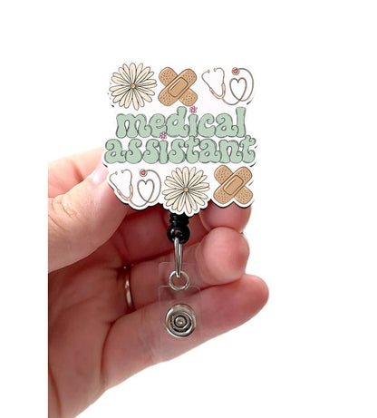 Medical Assistant Boho Floral Acrylic Retractable Badge Reel: Swivel Alligator Clip