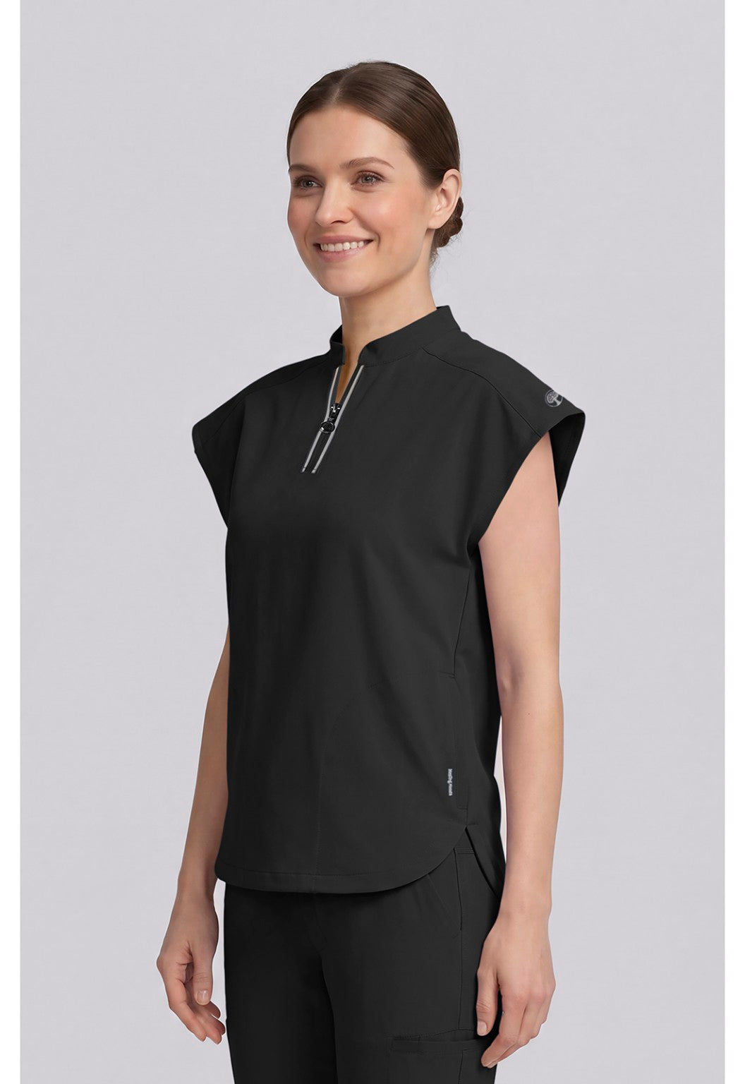 Healing Hands 360 Sandy Black scrub top angled front view