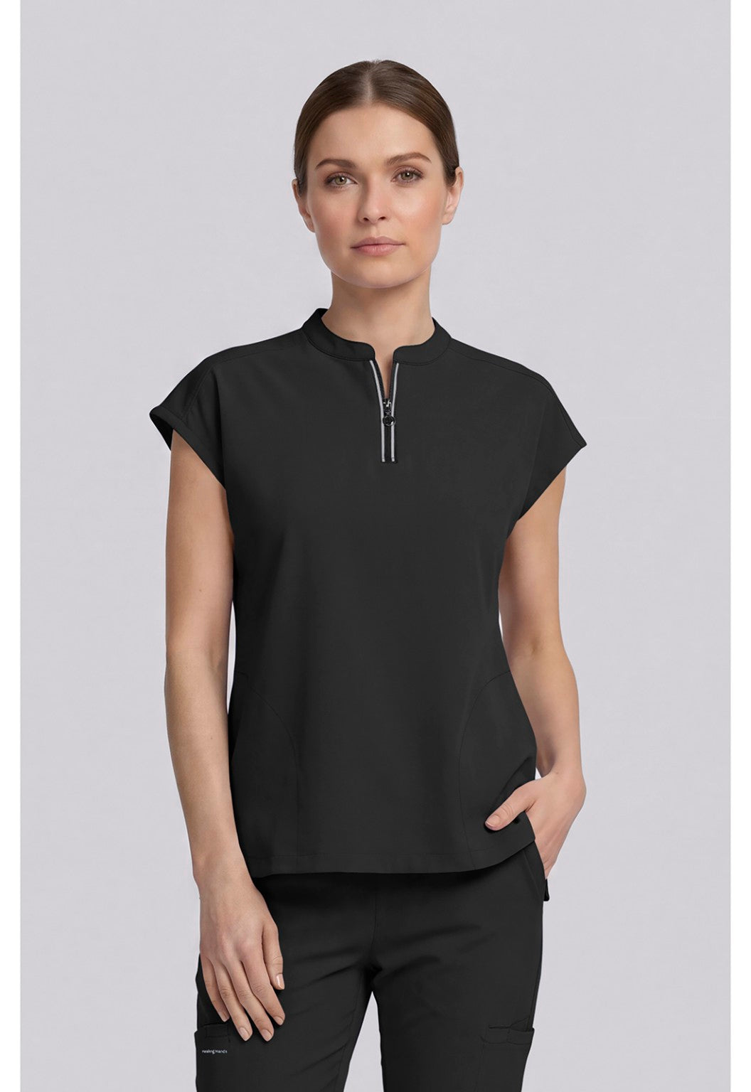 Healing Hands 360 Sandy Black scrub top front detail