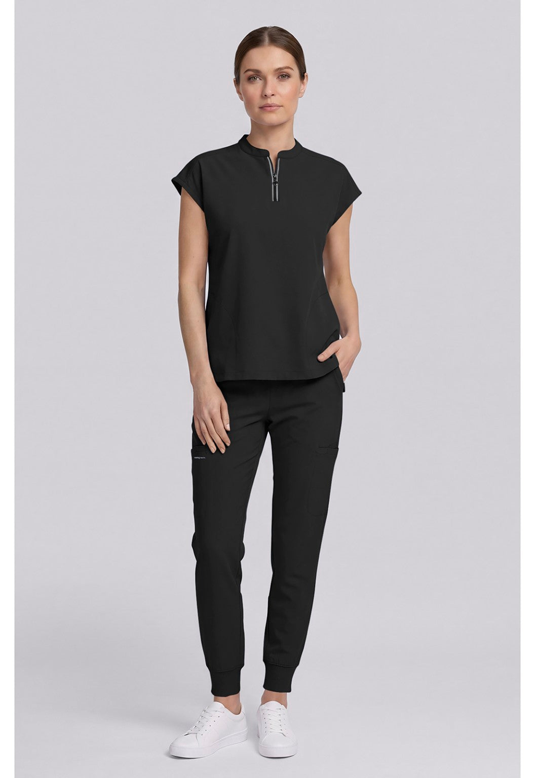 Healing Hands 360 Sandy Black scrub top full-length front model view