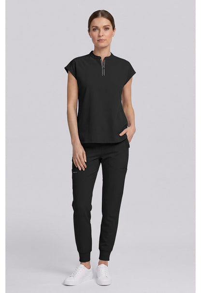 Healing Hands 360 Sandy Black scrub top full-length front model view