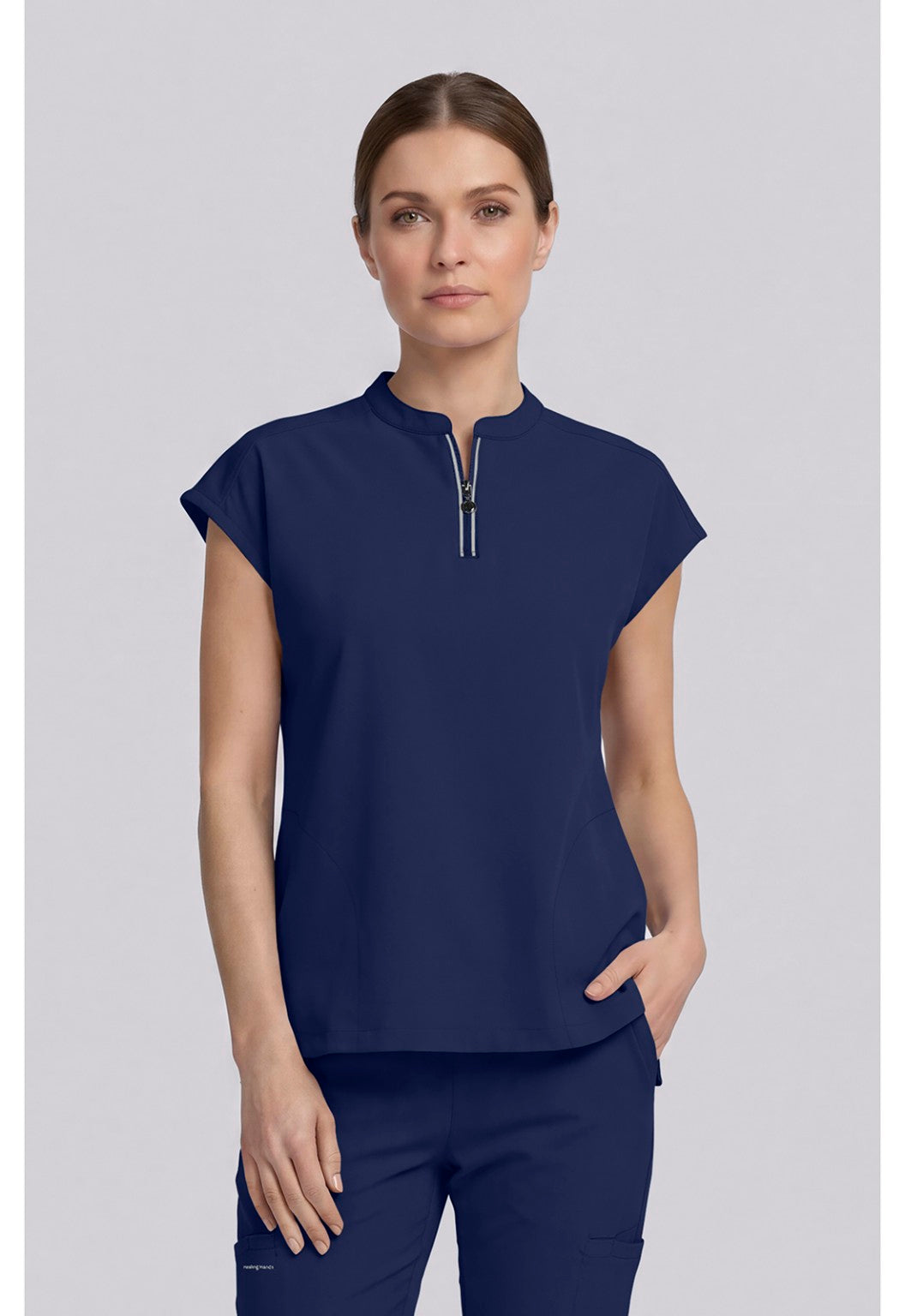 Healing Hands 360 Sandy scrub top Navy zipper and pocket detail