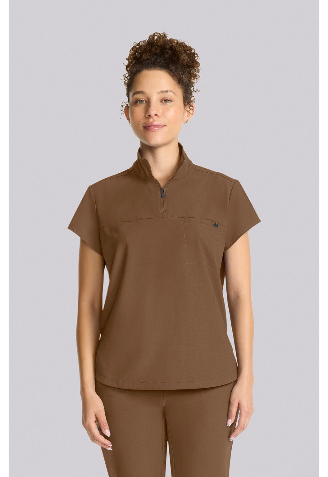 Healing Hands QUEST Bella partial-zip scrub top French Brown front closeup