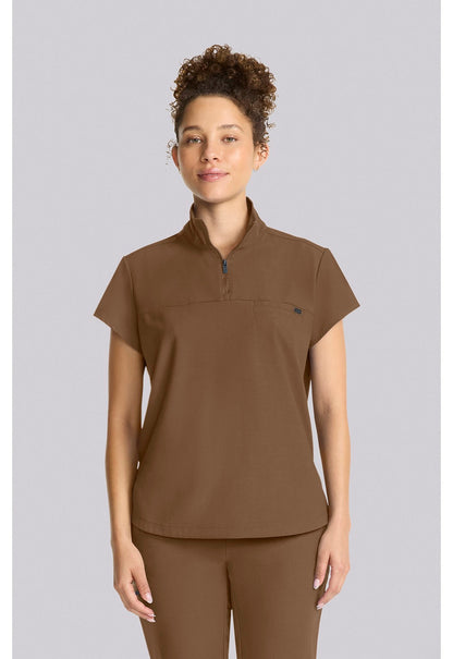 Healing Hands QUEST Bella partial-zip scrub top French Brown front closeup