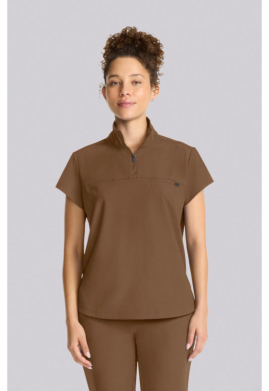 Healing Hands QUEST Bella partial-zip scrub top French Brown front closeup