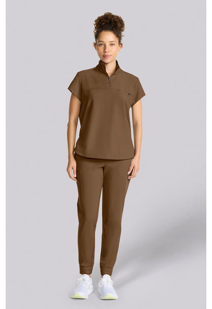 Healing Hands QUEST Bella top French Brown styled with matching scrub pants full length